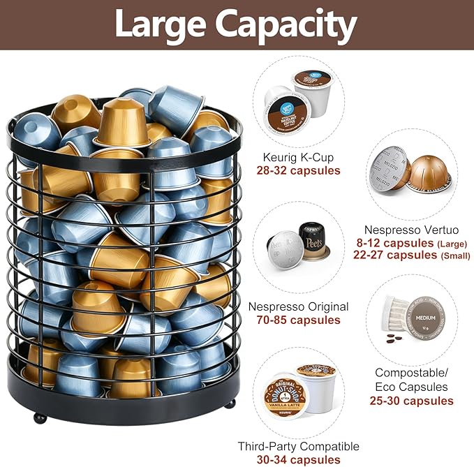 Coffee Pod Holder, Large Capacity K Cup Holder for Kitchen Countertop, Black Modern Basket Coffee Bar Station Espresso Pods Capsules Organizer