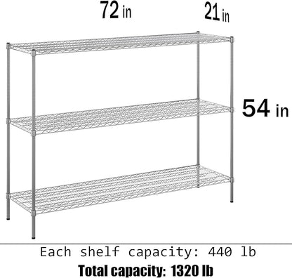 21" Deep x 72" Wide x 54" Height Wire Shelving Kit | 3-Tier | NSF Commercial Storage Rack Unit