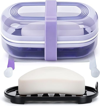 Leakproof Travel Soap Case with Lid | Draining Soap Bar Holder & Dish with Silicone Strap | Includes Mesh Soap Bag | for Shower, Bathroom, Camping, Gym (Grape Purple)