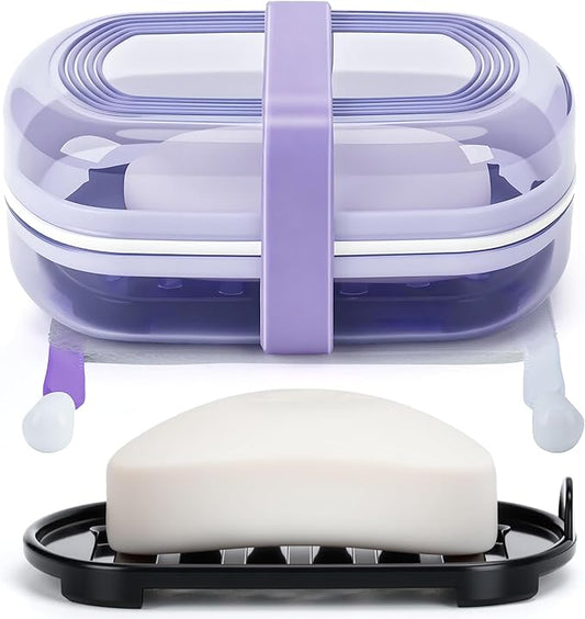 Leakproof Travel Soap Case with Lid | Draining Soap Bar Holder & Dish with Silicone Strap | Includes Mesh Soap Bag | for Shower, Bathroom, Camping, Gym (Grape Purple)