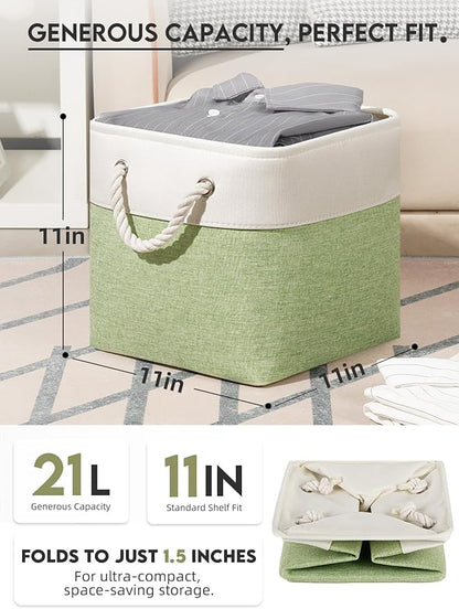 Temary 11 Inch Cube Storage Bins - 6 Pack Foldable Fabric Storage Baskets with Soft Rope Handles, Sturdy Organizer Cubes with Metal Frame for Shelves, Closet, Office & Home Organization (White&Green)