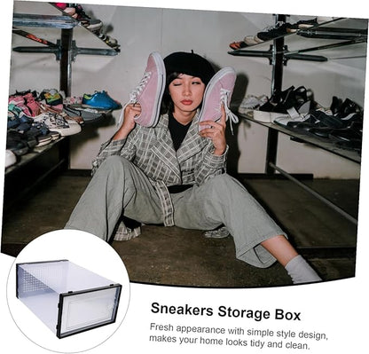 2 Pcs Stackable Shoe Storage Boxes Thickened Plastic Shoe Organizer Containers with Drawer Design Space-saving for Sneakers and Boots Black