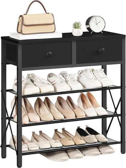 YATINEY 4 Tier Shoe Rack, Large Capacity Shoe Storage Organizer, Metal Shoe Shelf with Drawer and Wooden Top, for 16 Pairs of Shoes, for Entryway, Closet, Black SS24BB