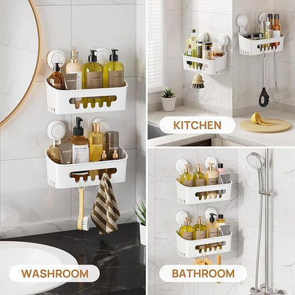 LEVERLOC Shower Caddy Suction Cup 2 Pack, Shower Organizer Removable Bathroom Shelf, Storage Suction Powerful Max Hold 22lbs Bathroom Caddy Waterproof Holder, White