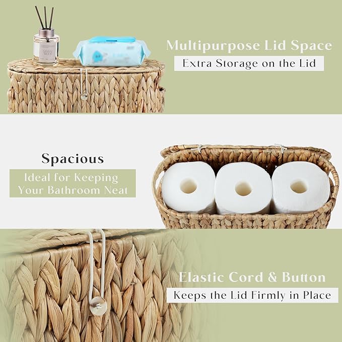 YANGQIHOME Toilet Paper Storage, Water Hyacinth Toilet Paper Storage with Lid, Papers Container for up to 6 Mega Rolls, Bathroom Basket Organizer