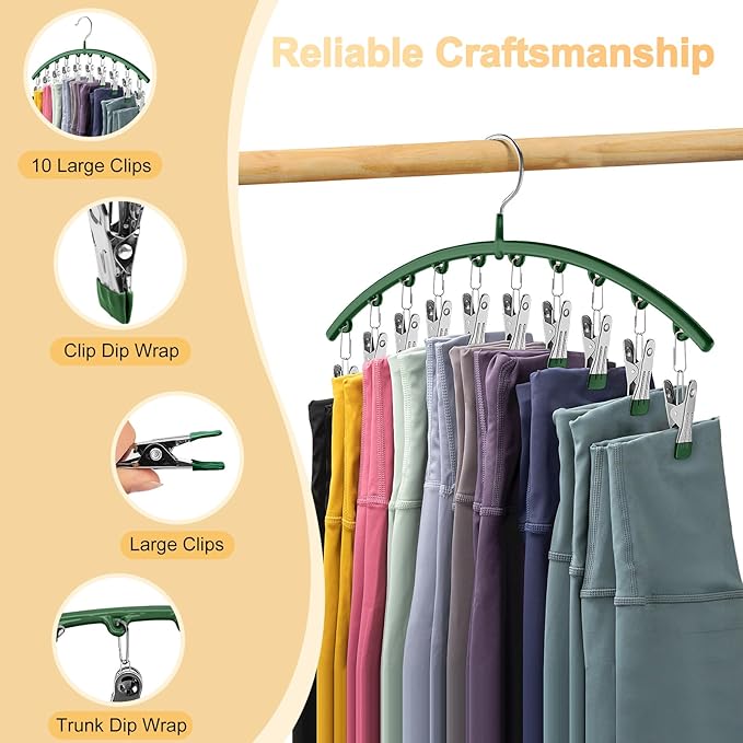 Legging Organizer for Closet, Metal Yoga Pants Hangers 2 Pack w/10 Clips Holds 20 Leggings, Space Saving Hanging Closet Organizer w/Rubber Coated Closet Organizers and Storage, Green