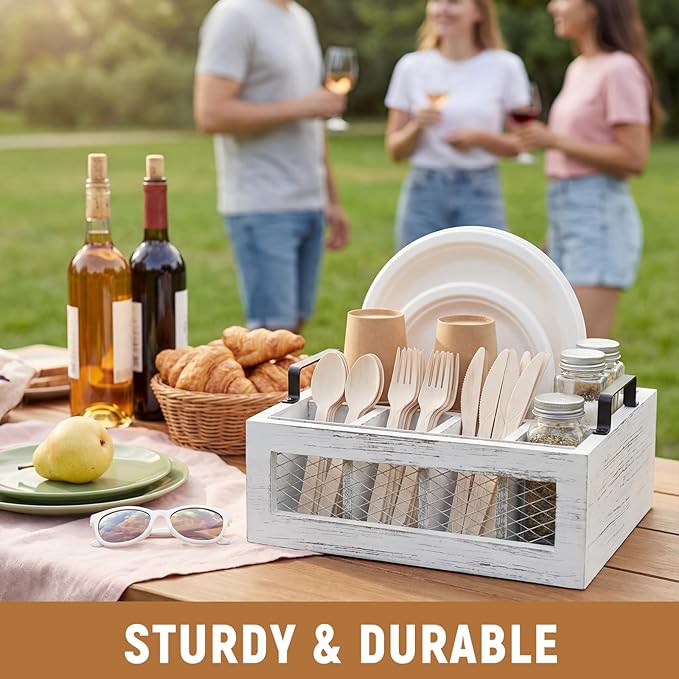 Mimorou Farmhouse Wooden Napkin Paper Plate and Utensil Holder Caddy Kitchen Utensil Holder Farmhouse Rustic Cutlery Flatware Organizer for Party Caddy Spoon Forks Napkins(Distressed White)