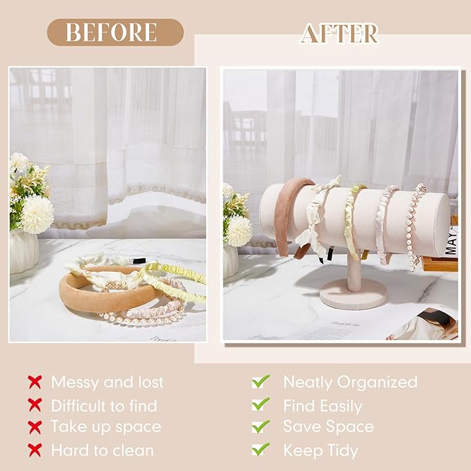 Wenqik 2 Pcs T Bar Headband Holder Velvet Headband Rack Organizer Hairband Earring Display Stand for Women(Beige)