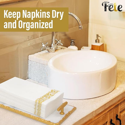 Guest Towel Holder Tray for Bathroom - Premium Marble Tray with Gold Rim - Bathroom Hand Towel Tray, The Perfect Vanity Tray for Bathroom. Ideal Valentines Day Gift.