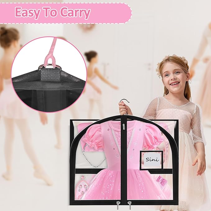 Garment Bags for Dance Costumes - 40 Inch Clear PVC with 5 Zipper Pockets (3 Pack) - Kids Dance Garment Bag for Dancers, Hanging Clothes Storage, Competitions & Travel (‎Clear Black)