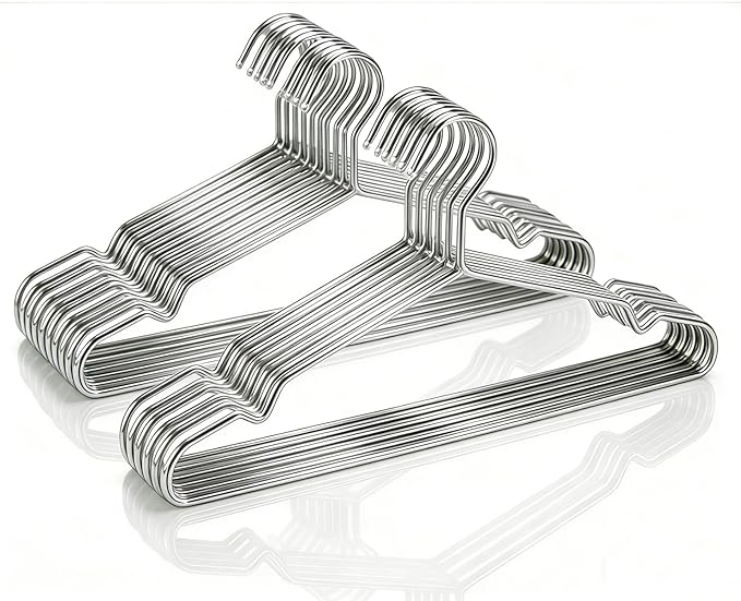 50 Pack Stainless Steel Space Saving Hangers with Grooves - 16.4 Inch Non-Slip Coat Hangers for Sling Dress Clothes Shirt Pant