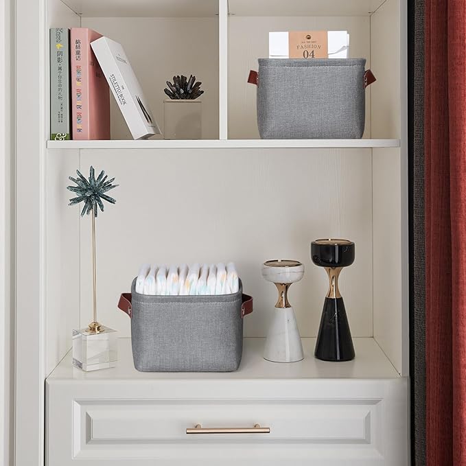 Small Fabric Storage Bins, 7.8x6.7x5.9 inch Mini Storage Cubes 4-Pack Storage Basket for Makeup Collapsible Fabric Storage Organizer with Handles, Decorative Basket for Desk, Shelves, Grey