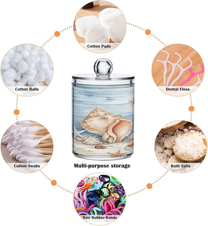 ALAZA 2pcs Starfish Seashell Tropical Beach Qtip Holder Dispenser 14 oz Bathroom Storage Clear Apothecary Jars Containers Cotton Ball,Cotton Rounds,Floss Picks, Hair Clips, Food
