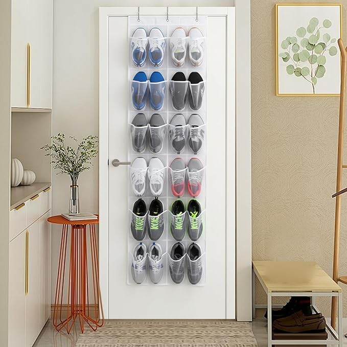 Shoe Organizer Door Hanger 24 Mesh Pocket over the Door Shoe Organizer Space Saving Hanging Storage Holder with Hooks 64x19 Inch White