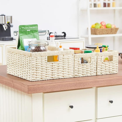 Vagusicc Wicker Storage Basket, Set of 3 Wicker Basket, Hand-Woven Paper Rope Storage Baskets for Organizing, Large Cube Storage Organizer Bins Baskets for Shelves Small Toilet Paper Baskets, Beige