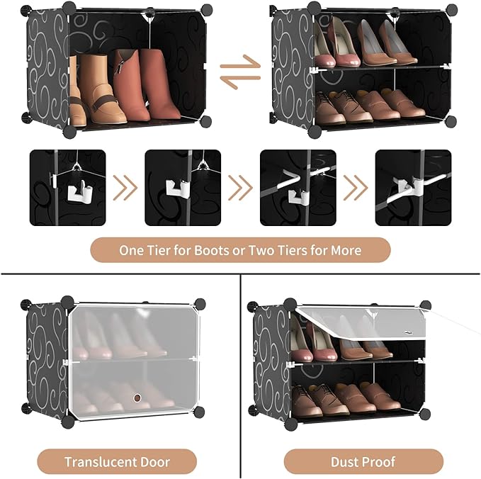 ROJASOP Portable Shoe Rack Organizer 6-Tier Shoe Cabinet 24-Pair Shoe Organizer Shoe Storage Expandable Free Standing Stackable Space Shoe Rack with 2 Exclusive Versatile Hooks for Bedroom Black