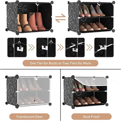 ROJASOP Portable Shoe Rack Organizer 6-Tier Shoe Cabinet 24-Pair Shoe Organizer Shoe Storage Expandable Free Standing Stackable Space Shoe Rack with 2 Exclusive Versatile Hooks for Bedroom Black