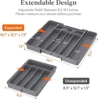 Lifewit Silverware Drawer Organizer, Expandable Utensil Tray for Kitchen, BPA Free Flatware and Cutlery Holder, Adjustable Plastic Storage for Spoons Forks Knives, 8.5-14 x 12", Dark Gray