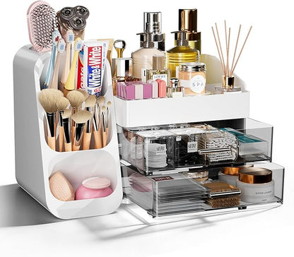 Makeup Organizer with Drawers for Vanity Bathroom Counter Organizers and Storage, Large Skincare Organizer with Brush Toothbrush Holder for Perfume, Nail Polish, Dresser, Office Supplies, White