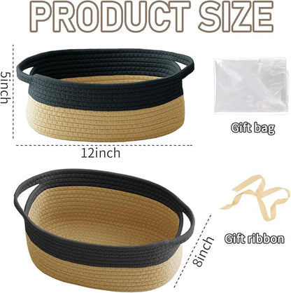 JMvicyroam Woven Basket,Small Rope Storage Bin with Handles & Ribbon Bag, Organizer for Shelves Closets,Gift Basket Empty for Birthday,Books,Dog Toys, Black&Jute/2 Pack