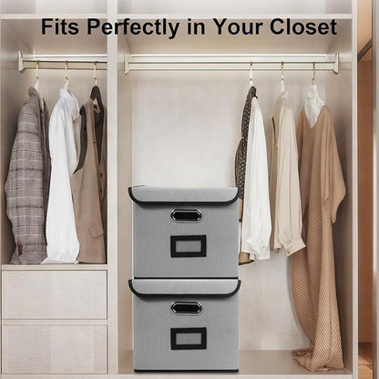 File Storage Box with Lid, 15.55x12.87x10.43 Inches, Foldable Organizer with Handles & Label Slot, for File Storage, Home, Office, and Closet Organization(Grey)