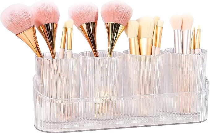 DASITON Makeup Brush Holder Organizer with 4 Cup, Vintage Striped Make Up Brush Holder for Vanity, Bathroom Toothbrush Holders, Acrylic Cosmetic Brushes Storage Organizer Pen Holder (Clear+Clear)