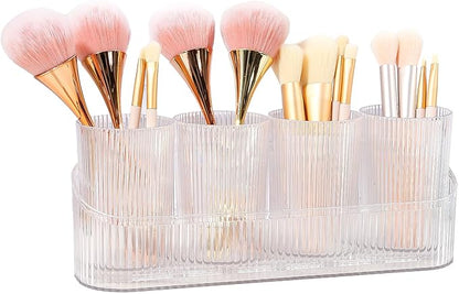 DASITON Makeup Brush Holder Organizer with 4 Cup, Vintage Striped Make Up Brush Holder for Vanity, Bathroom Toothbrush Holders, Acrylic Cosmetic Brushes Storage Organizer Pen Holder (Clear+Clear)
