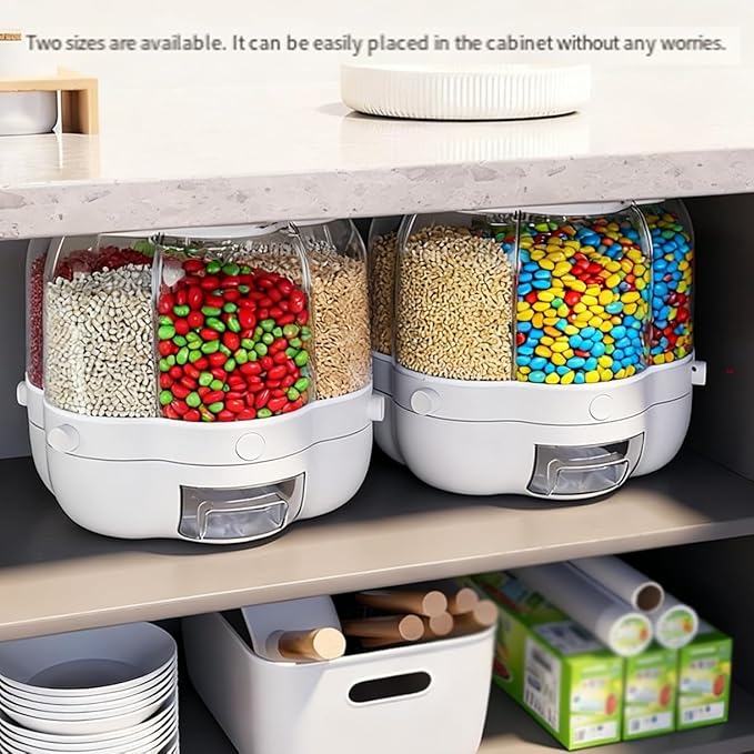 Rotating Candy Dispenser, Candy Dispenser 360° Rotating with 6 Compartments, Christmas Countertop, Large Capacity Grain Storage Container, for Rice, Cereals, Snack, Candies (Large,GREEN)