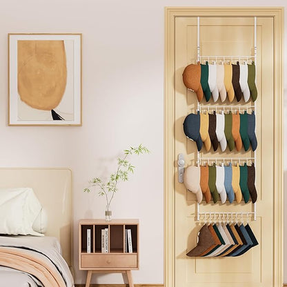 HapiRm Over Door Hat Organizer - 4 Tier Wall Mounted Hat Rack with 24 Hooks and 10 Movable Clips, Hanging Baseball Cap Organizer Storage Holds to 34 Caps for Door, Bedroom, Closet(White)