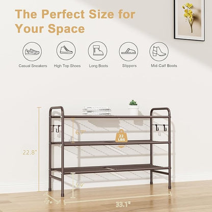 VILICK 3 Tier Shoe Rack 33" Wide Metal Shoe Organizer Long Shoe Storage with 4 Side Hooks Sturdy Shoes Shelf for Front Door Entrance, Closet, Garage, Dorm, Brown