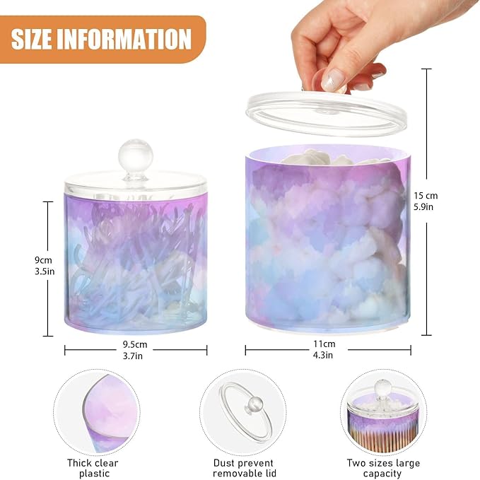 2 Pack Qtip Dispenser Apothecary Jars with Lids Cotton Round Holder Bathroom Canisters for Cotton Swab Floss Ball Pads Clear Plastic Decorative Pink Purple Blue Gradient