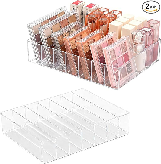 2 Pack Makeup Organizer for Eyeshadow Palette and Lipstick Organizer, 7 Section Divided Makeup Palette Organizer for Lipstick Highlighter, Skincare Cosmetic Display Cases for Bathroom