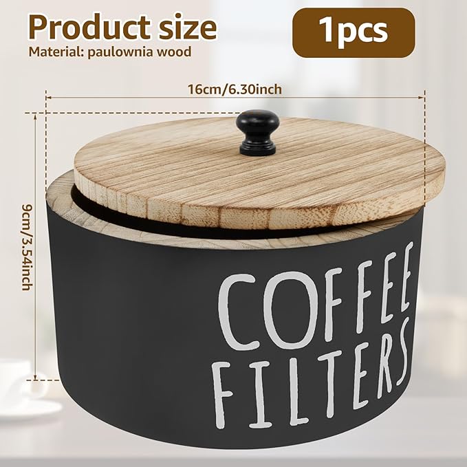 Coffee Filter Holder - Wooden Coffee Storage Container with Lid, Multipurpose Filter Dispenser, Sturdy Coffee Pod Organizer for Bar Counter Decor (Black)