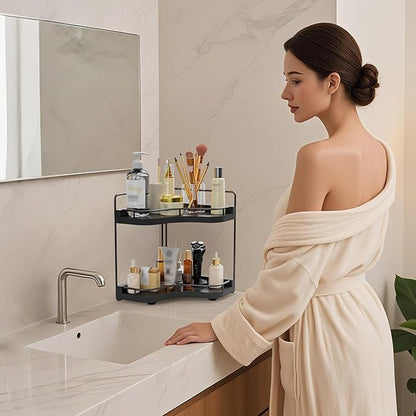 2-Tier Corner Bathroom Counter Organizer with Embedded Screw Holes, Secure & Stable Wood Vanity Shelf for Makeup and Skincare Essentials - Space Saving Bathroom Countertop Storage, Black