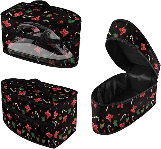 Christmas Clothes Iron Storage Case for Clothing Store, Reusable Wear-resistant Iron Portable Storage Bag with Zipper Handle, Poinsettia Holly Crutch