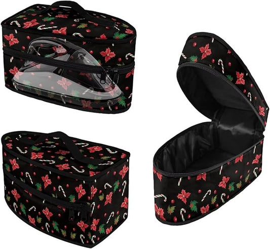 Christmas Clothes Iron Storage Case for Clothing Store, Reusable Wear-resistant Iron Portable Storage Bag with Zipper Handle, Poinsettia Holly Crutch