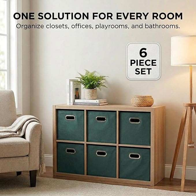 Household Essentials Foldable Fabric Storage Cubes 6-Pack – 11x11x11 Stackable Non-Woven Bins with Chipboard Sides & Grommet Handles – Closet, Shelf, Nursery, or Office Organizer – Dark Green