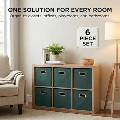 Household Essentials Foldable Fabric Storage Cubes 6-Pack – 11x11x11 Stackable Non-Woven Bins with Chipboard Sides & Grommet Handles – Closet, Shelf, Nursery, or Office Organizer – Dark Green