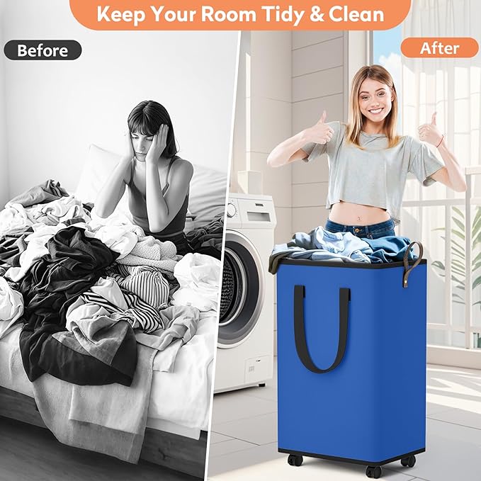 SpaceTrove Laundry Basket with Wheels, Collapsible Laundry Baskets, Laundry Hamper with Handles Detachable Wheels, Rolling Laundry Basket, Dirty Clothes Hamper for Bathroom, Dorm, Bedroom, Blue, 80L
