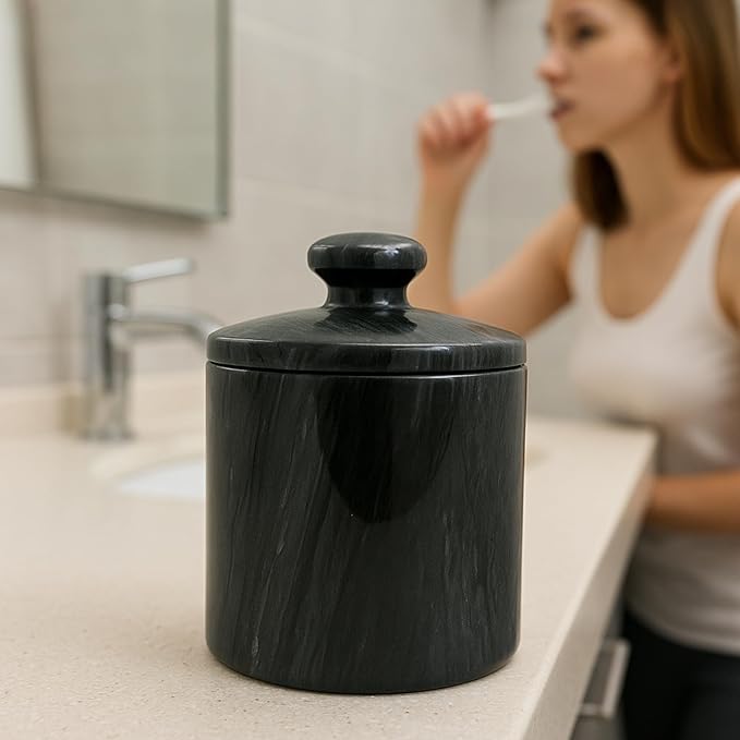 Creative Home Hand Carved Natural Black Marble Storage Jar Heavy Duty Taiwan Yushan Stone for Cotton Balls Jewelry Bathroom Essentials Chemical-Free and Eco-Friendly, 3.8 Diam. x 5.2 H Inch