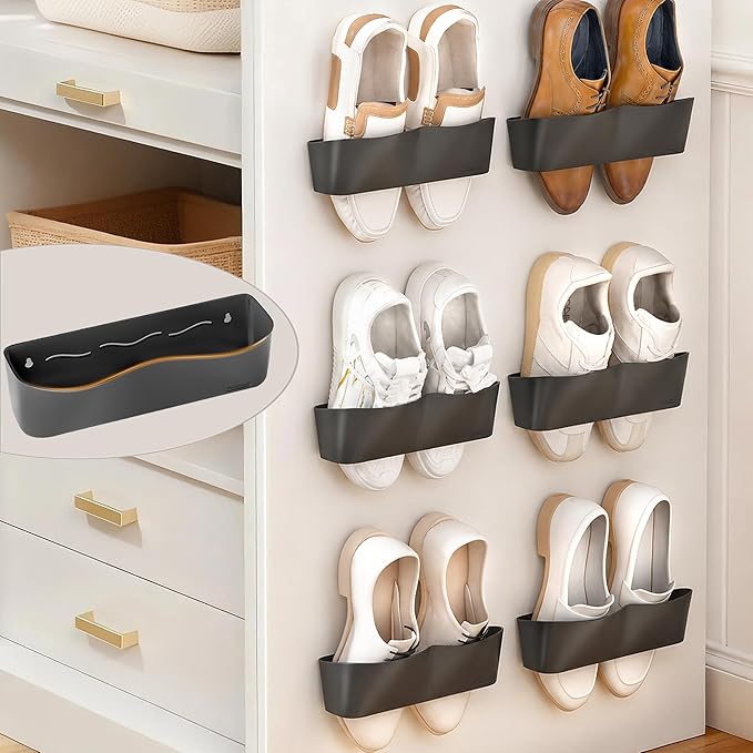 Wall Mounted Shoe Rack, Adhesive & Drill Mount Hanging Shoe Organizer, Plastic Shoe Storage for RV, Camper, Closet & Door, Patent Protected, PATENT PROTECTED, Black-6Pack