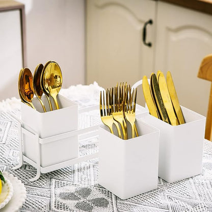 NelyBet White Metal Utensil Caddy, 3 Compartments, Portable Design, Perfect for Countertop, Outdoor, and Camping