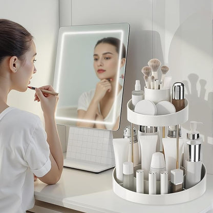 2 tier Makeup Organizer Countertop,360 Rotating Makeup Organizer for Skincare, Lipstick and Perfumes,Multi-function Cosmetic Display Cases for Vanity,Bathroom,White