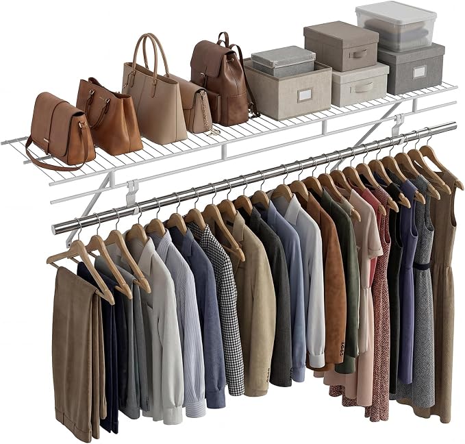 COSTWAY Closet Shelves Wall Mounted, Closet Shelf with Hanging Rod, Ventilated Metal Wire Shelving Kit, Wire Wall Shelf for Laundry Room, Bedroom, Home, Mounting Accessories Included (4 ft x 12 in)