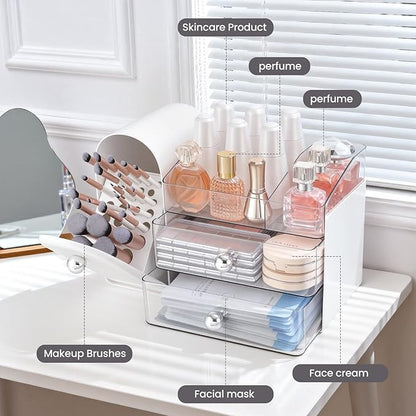 Makeup Organizer,Vanity Organizer with Makeup Brush Holder,Large Skincare Organizers with Drawers,Bathroom Countertop Organizer,Storage Lipstick,Perfume,Nail Polish,Beauty,Gifts for Woman