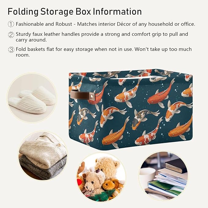 Foldable Storage Baskets Set of 2, Koi Carps 3D Japanese Storage Bins with Handles, Decorative Cloth Organizer Storage Boxes for Home|Office 15 x 11 x 9.5 in