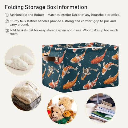 Foldable Storage Baskets Set of 2, Koi Carps 3D Japanese Storage Bins with Handles, Decorative Cloth Organizer Storage Boxes for Home|Office 15 x 11 x 9.5 in