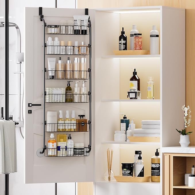 Delamu Over the Door Pantry Organizer, 6-Tier Metal Pantry Door Organization and Storage, Hanging Kitchen Basket Spice Rack Seasoning Shelves, Cabinet Door Organizer for Easy Install,D5xW18xH50inch