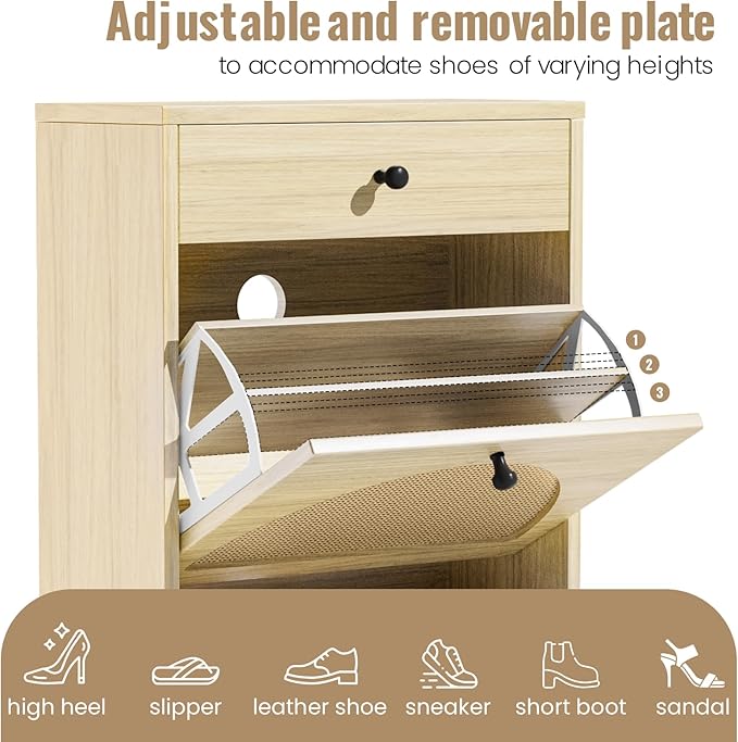 Lamerge Free Standing Shoe Rack, Entryway Organizer with 2 Natural Semi-Circular Rattan Flip Drawers, Hallway Faux Wooden Shoe Storage Cabinet with Pull Drawer and Bottom Rack for Living Room, Bedroom