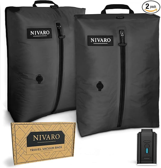 Travel Vacuum Compression Bags | Large 30L 2-Pack | Waterproof & Reusable | Space Saver Bags for Luggage | Wireless Pump Included